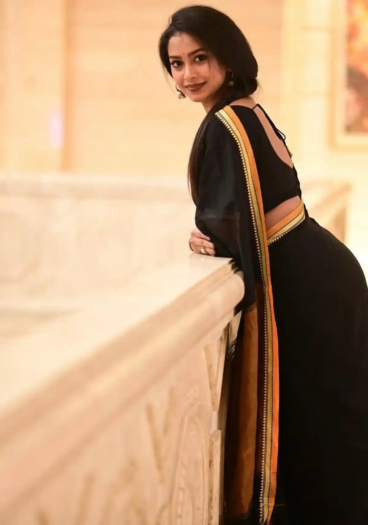 Black Thin Border Pure Cotton Narayanpet Saree