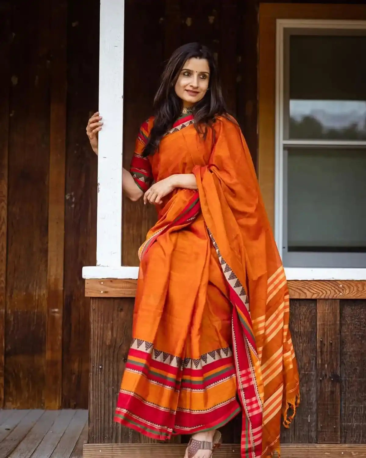Orange Narayanpet Temple Border Pure Cotton Saree