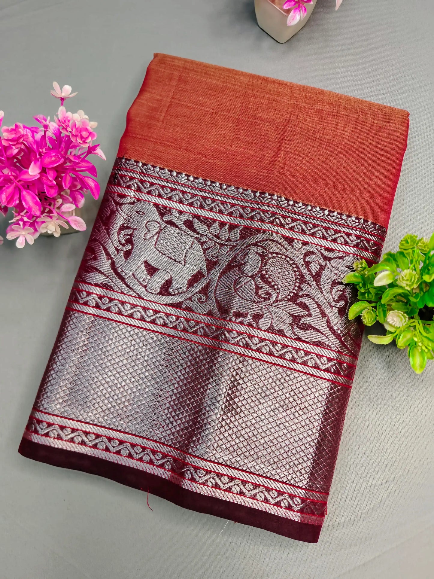 Brick Red Pure Cotton Premium & Elegant Saree With Running Blouse For Women