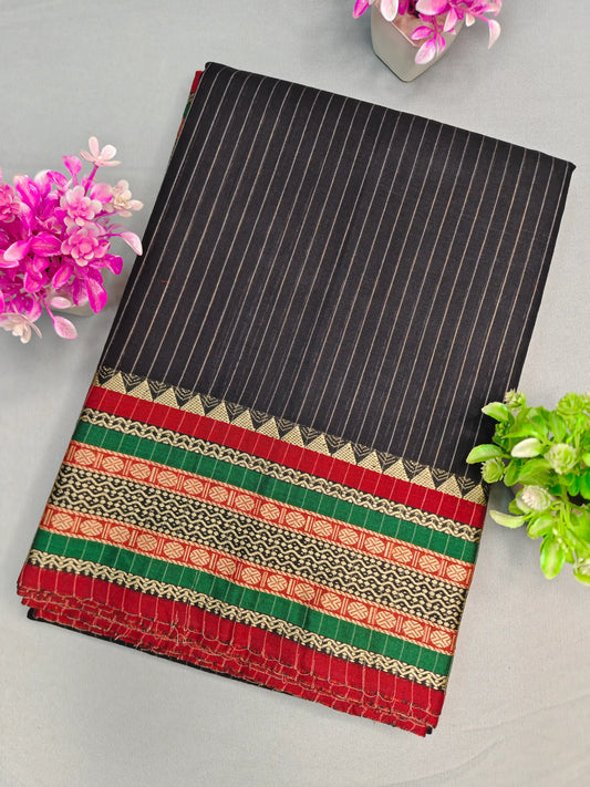 Black Pure Cotton Premium & Elegant Saree With Running Blouse For Women