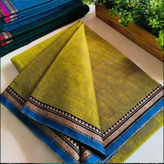 Mehandi Green Thin Border Narayanpet Pure Cotton Saree