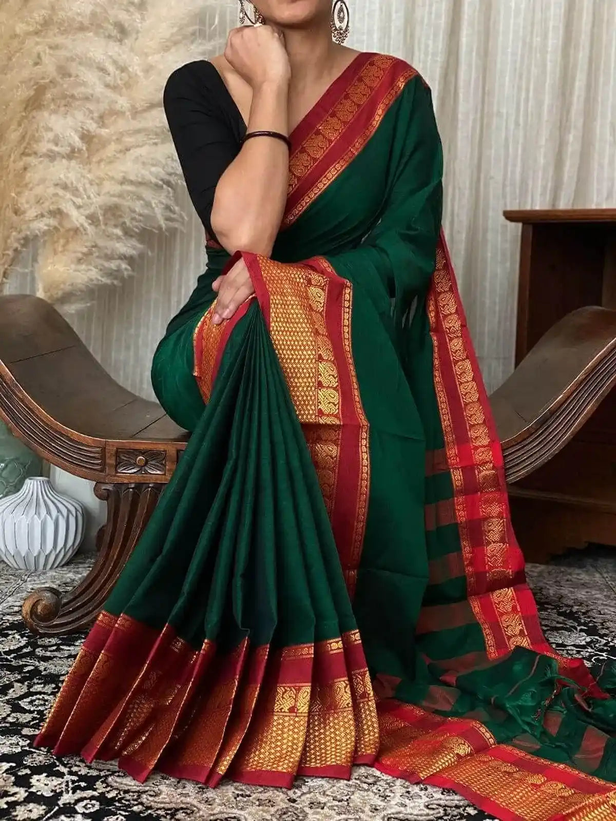 Bottle Green Naraynpet Pure Cotton Saree