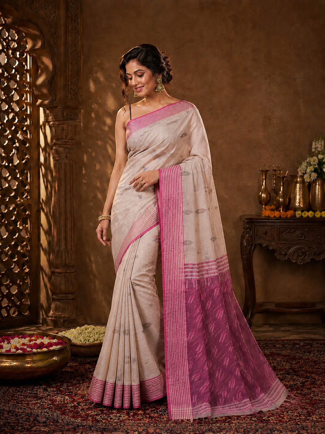 Flint & Fuchsia Ikat Banarasi Silk Handwoven Saree