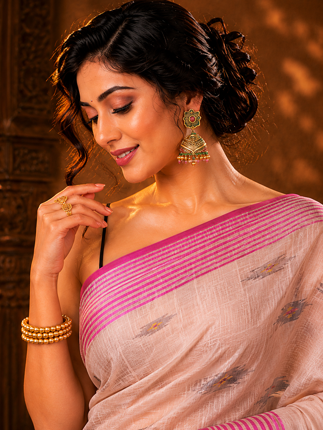 Flint & Fuchsia Ikat Banarasi Silk Handwoven Saree