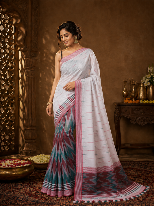 Ivory Ikkat Banarasi Silk Handwoven Saree