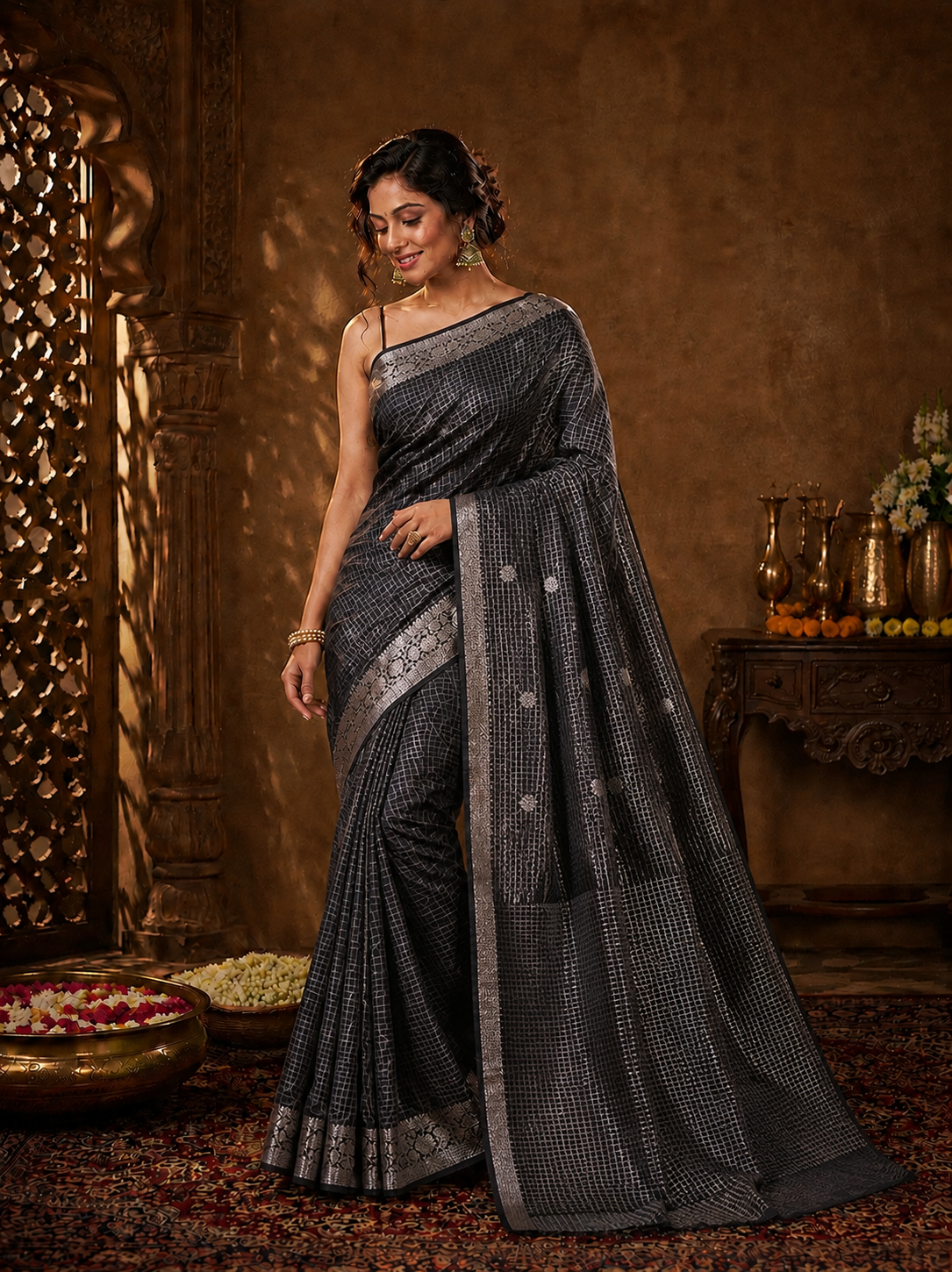 Kaala Grid Banarasi Silk Handwoven Saree