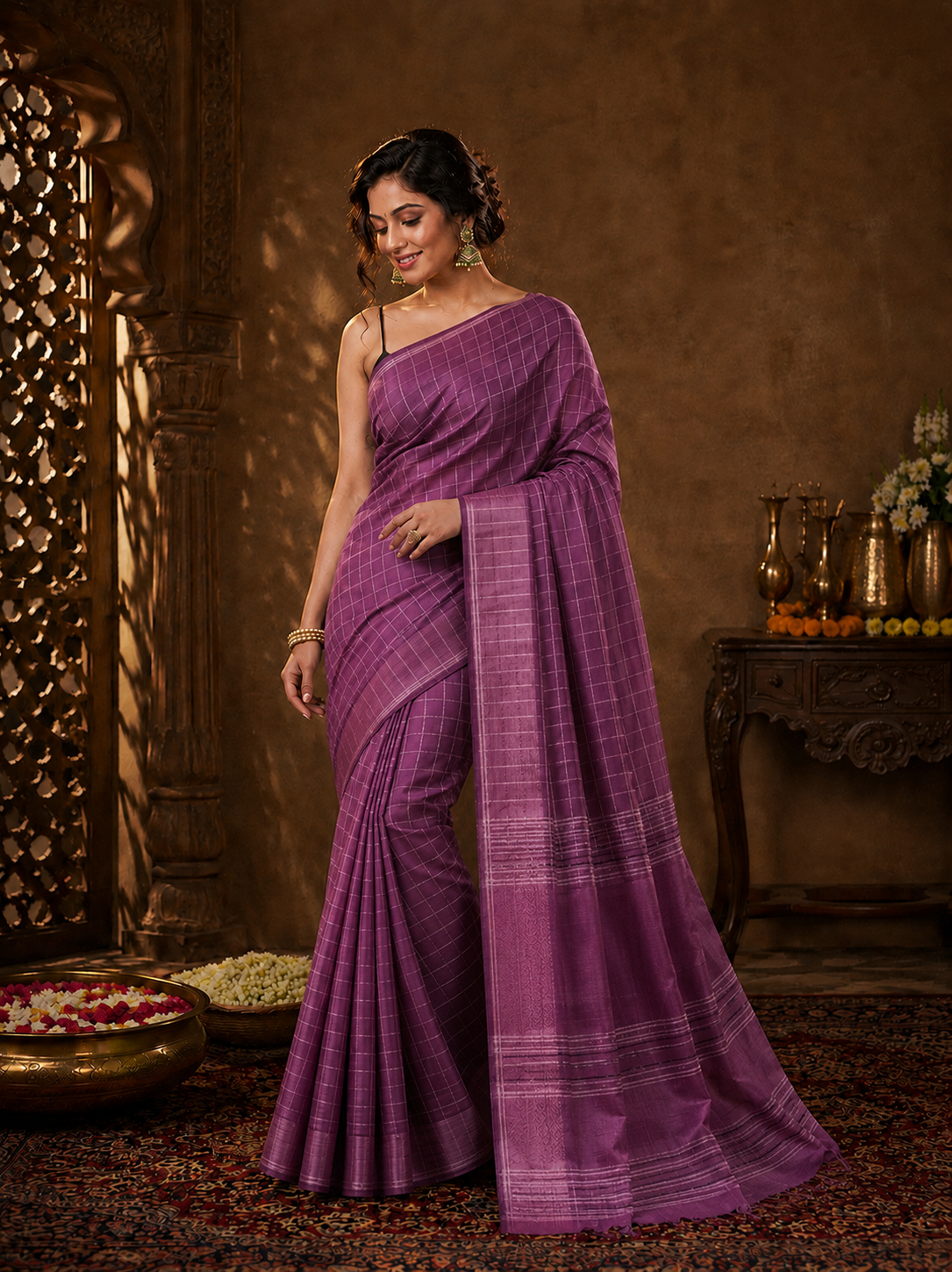 Mauve Grid Banarasi Silk Handwoven Saree