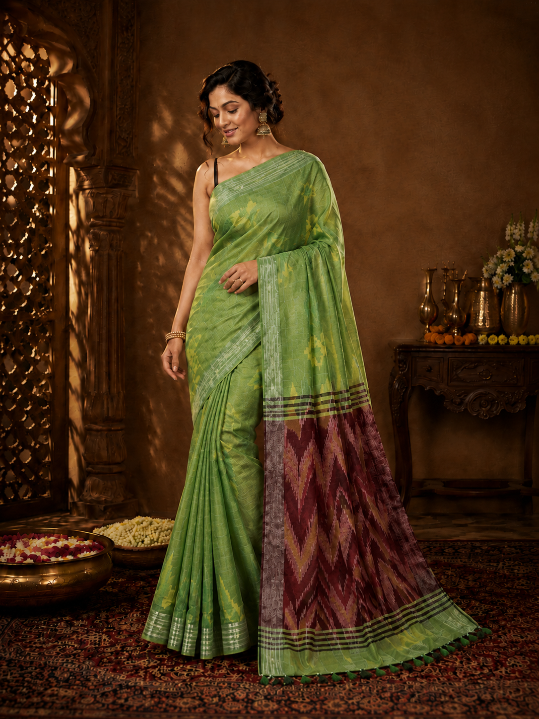 Olive Ikat Banarasi Silk Handwoven Saree