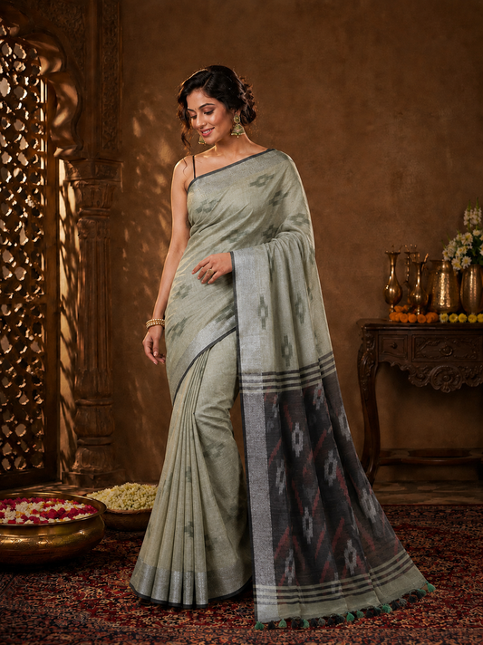 Sage & smoke Ikat Banarasi Silk Handwoven Saree