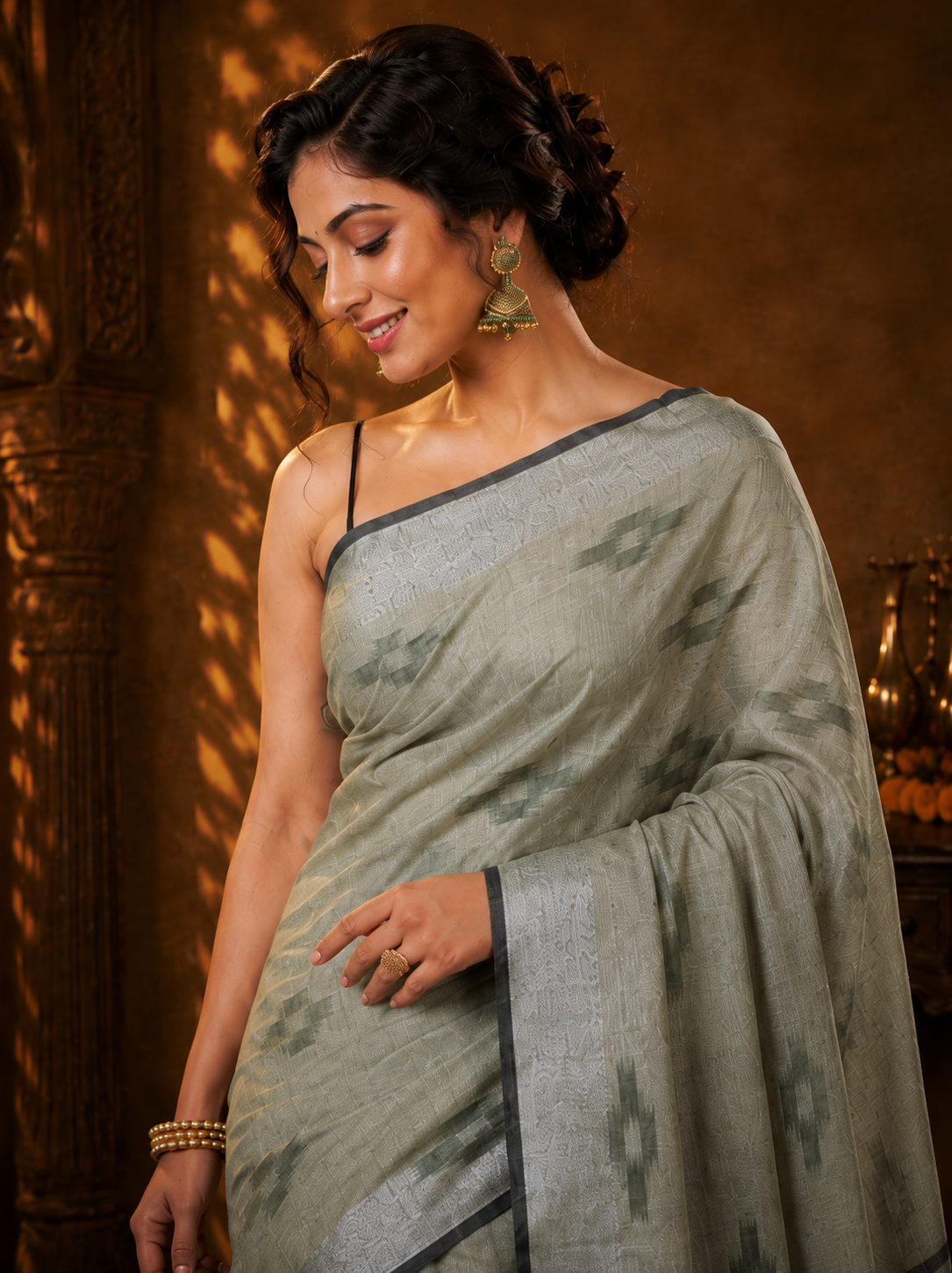 Sage & smoke Ikat Banarasi Silk Handwoven Saree