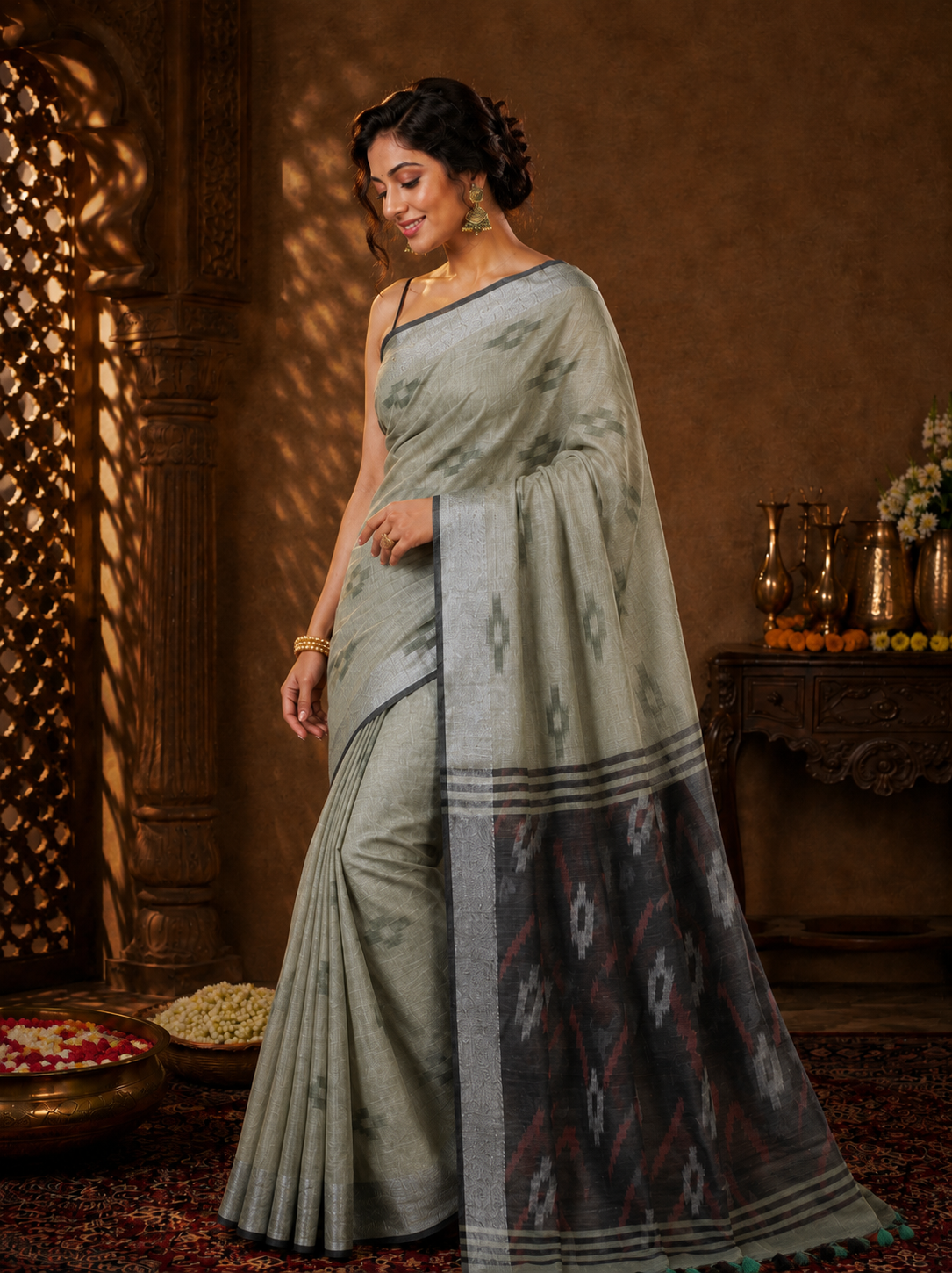 Sage & smoke Ikat Banarasi Silk Handwoven Saree