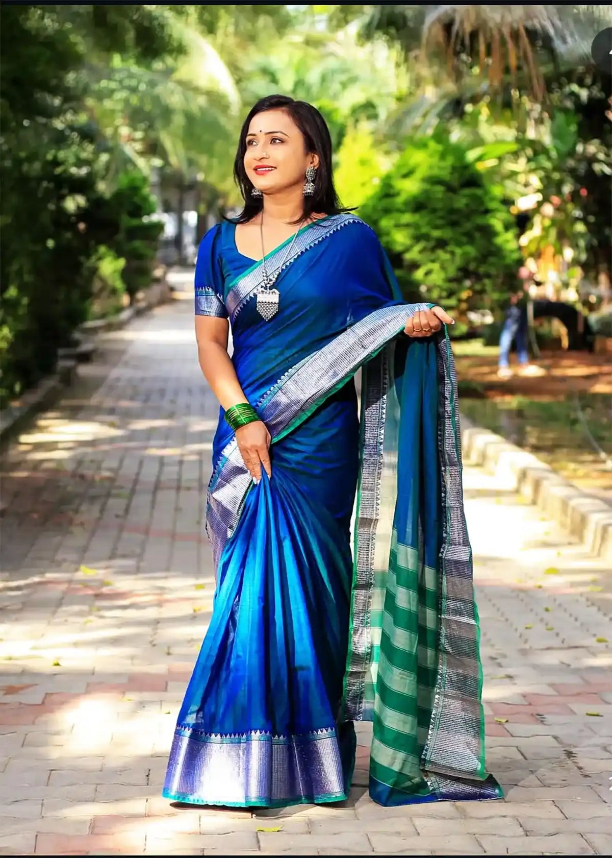 Rama Blue Silver Jari Border Narayanpet Cotton Saree