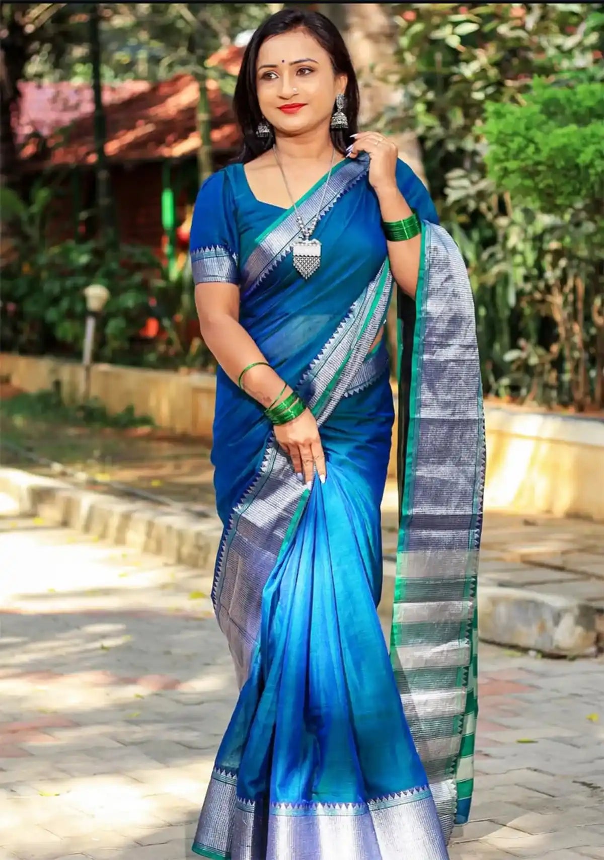 Rama Blue Silver Jari Border Narayanpet Cotton Saree