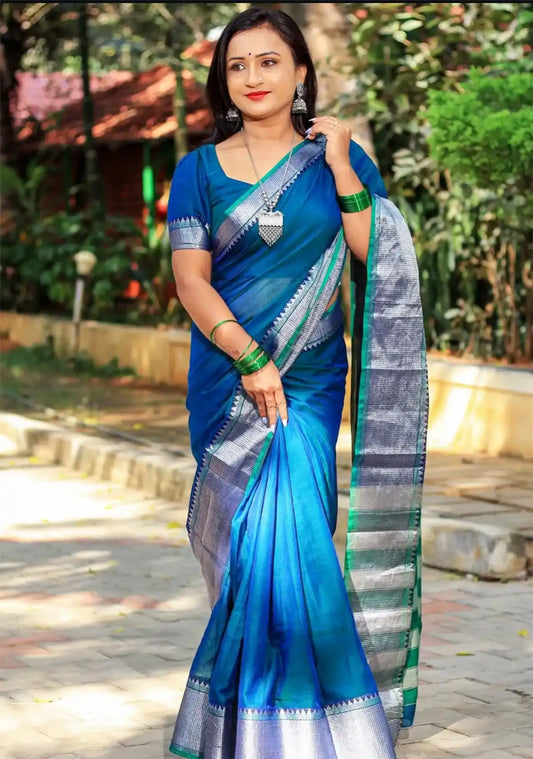 Rama Blue Silver Jari Border Narayanpet Cotton Saree