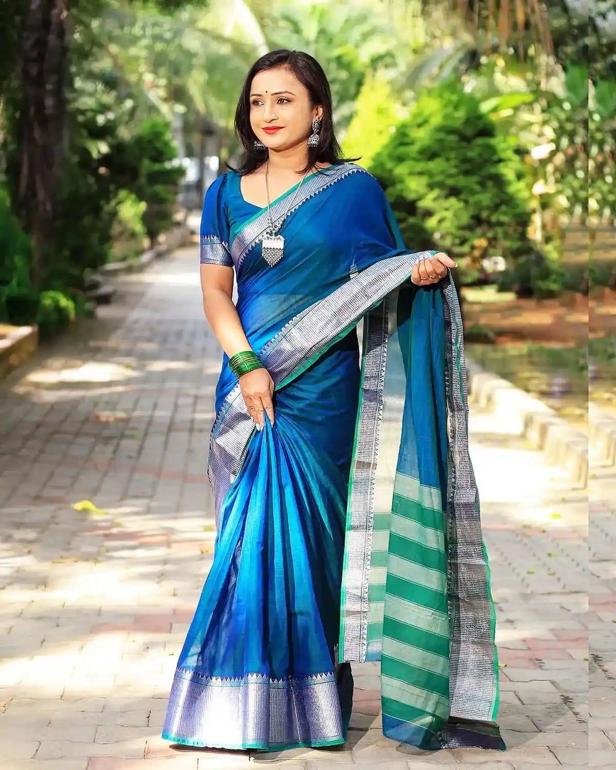 Rama Blue Silver Jari Border Narayanpet Cotton Saree
