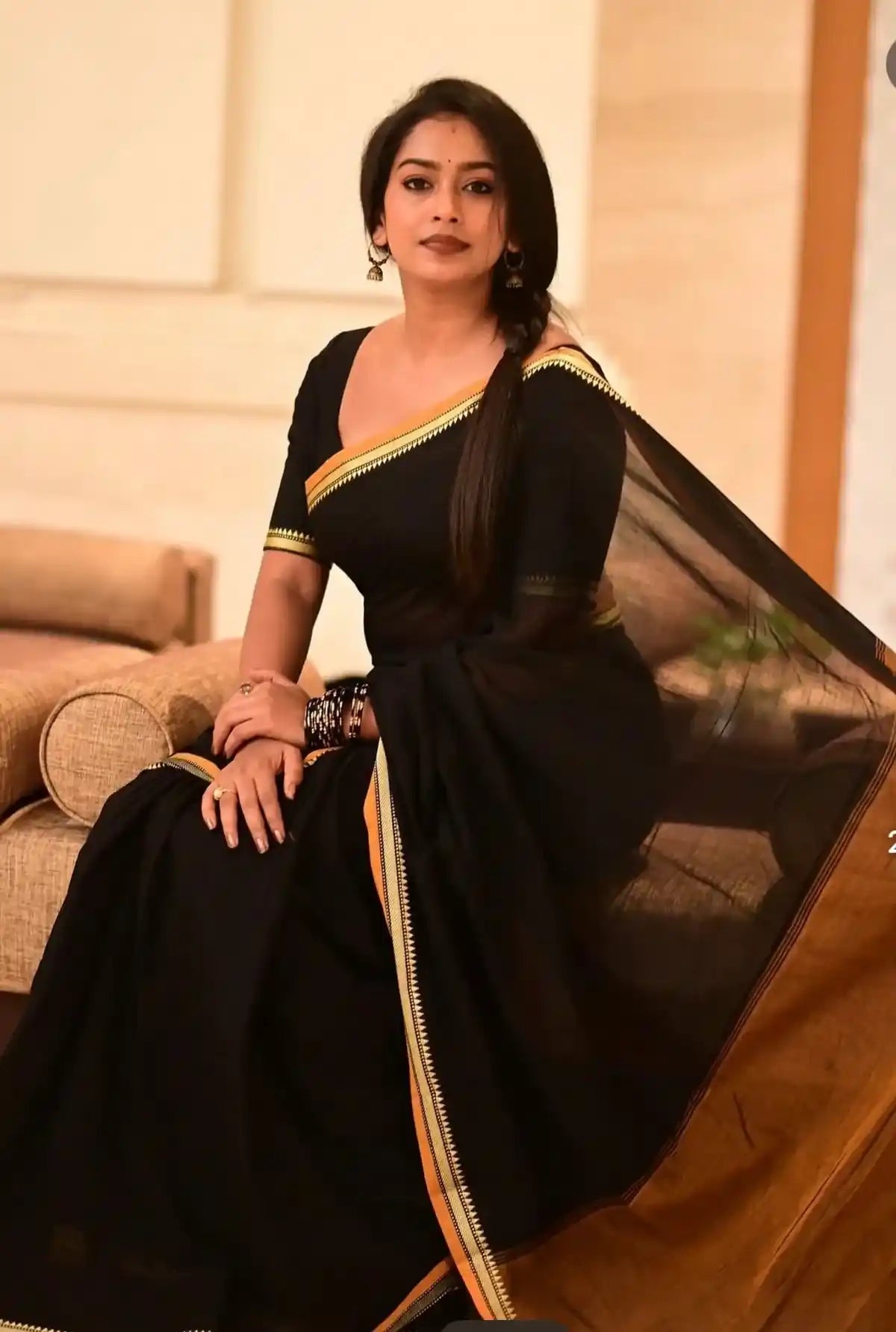 Black Thin Border Pure Cotton Narayanpet Saree