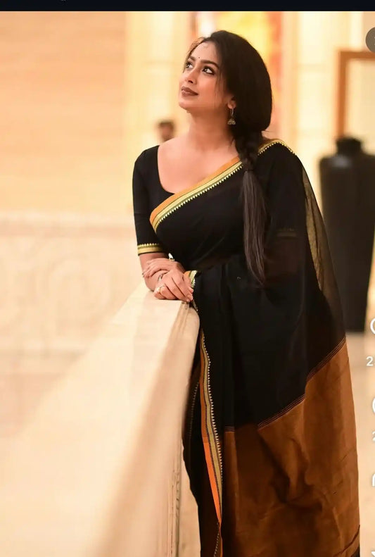 Black Thin Border Pure Cotton Narayanpet Saree