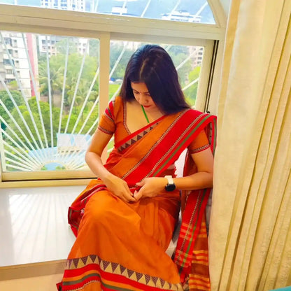 Orange Narayanpet Temple Border Pure Cotton Saree