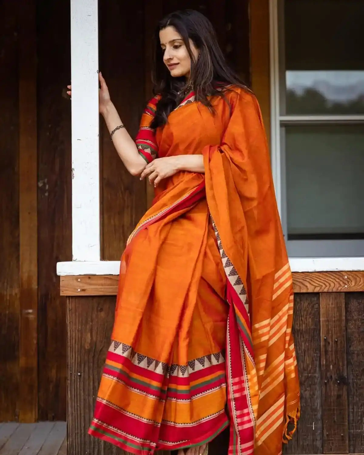 Orange Narayanpet Temple Border Pure Cotton Saree