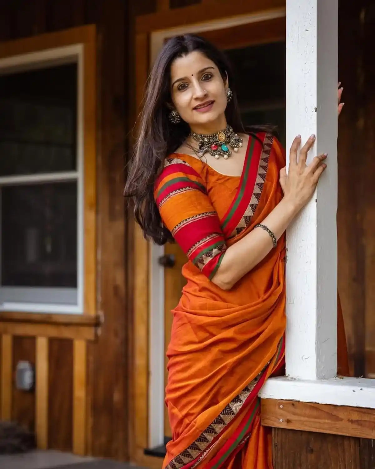 Orange Narayanpet Temple Border Pure Cotton Saree