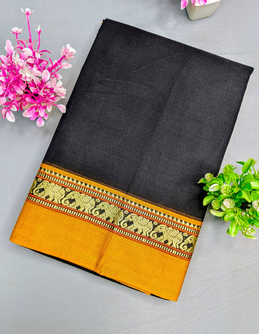 Black Pure Cotton Premium & Elegant Saree With Running Blouse For Women
