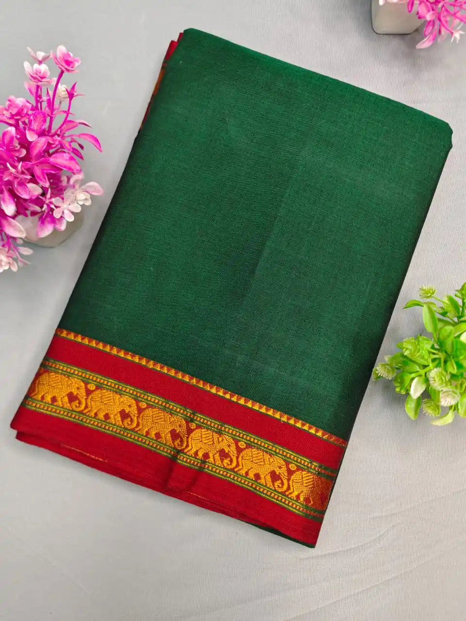 Bottle Green Elephant Border Narayanpet Cotton Saree