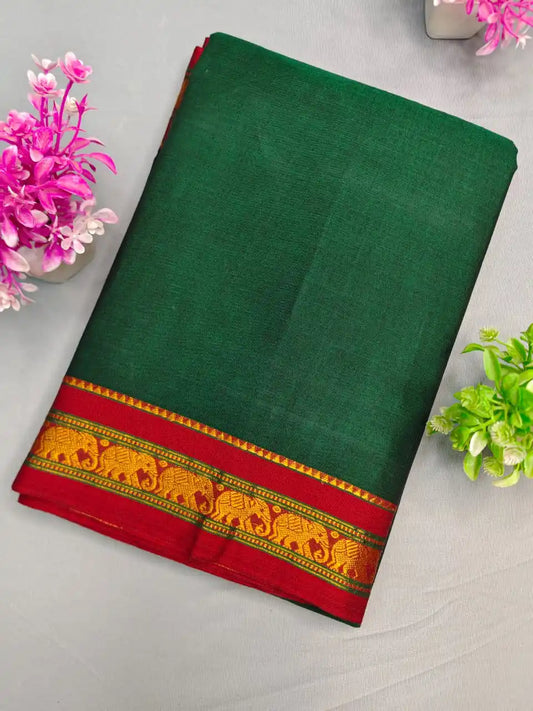 Bottle Green Elephant Border Narayanpet Cotton Saree