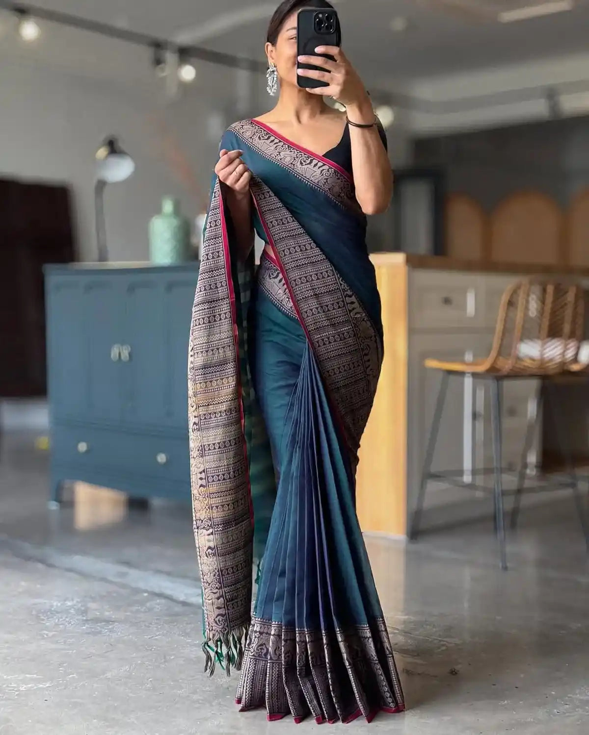RaMa Blue Big Border Narayanpet Pure Cotton Saree