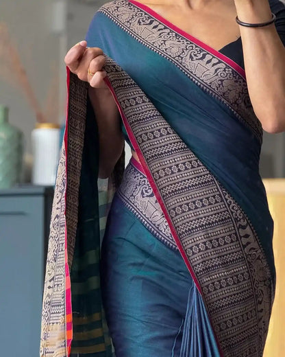 RaMa Blue Big Border Narayanpet Pure Cotton Saree