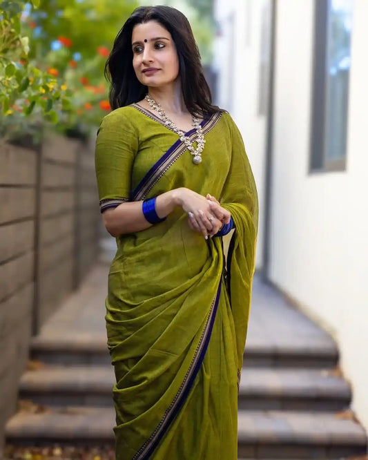 Mehandi Thin Border Narayanpet Cotton Saree