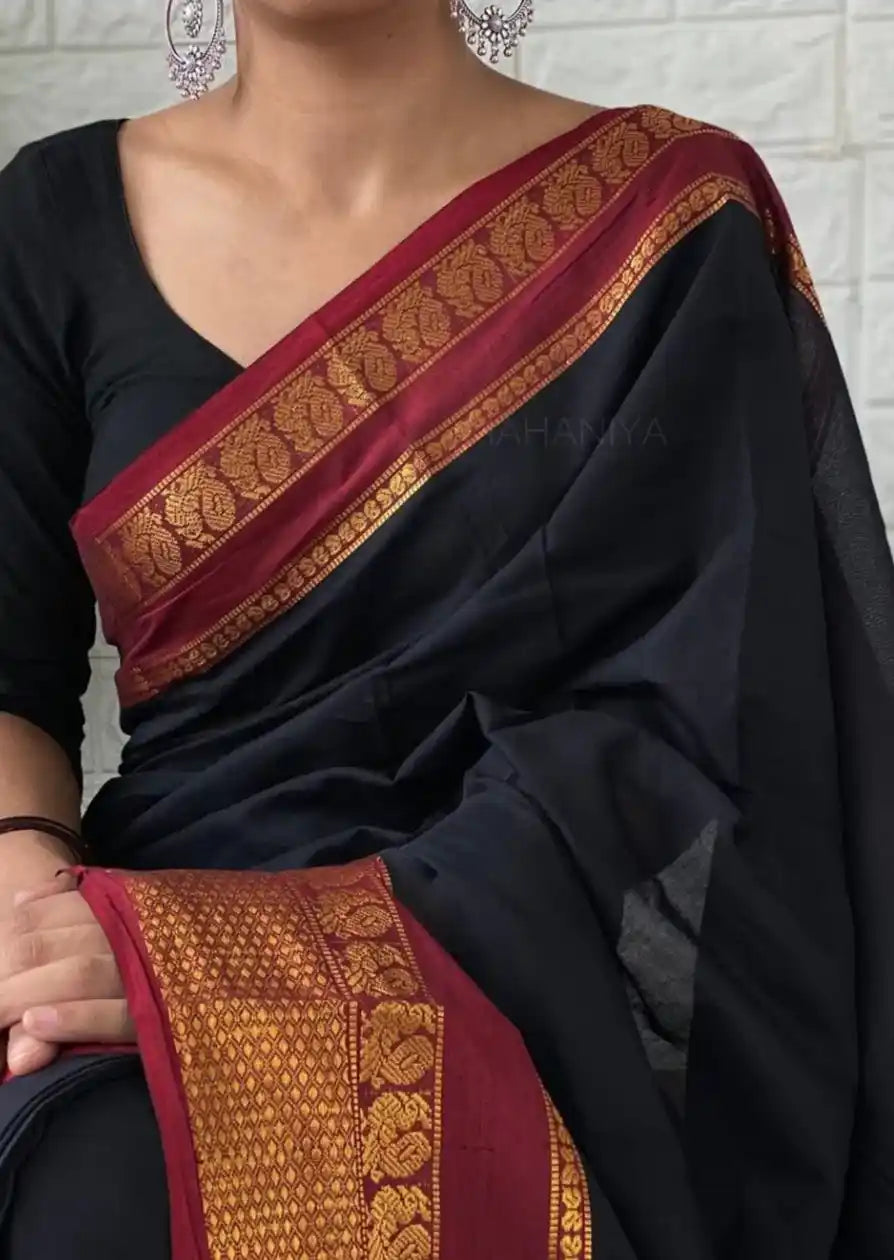 Black  Narayanpet Peacock Border Pure Cotton Saree
