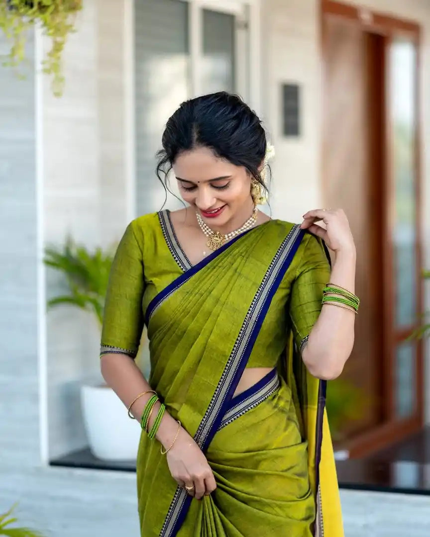 Mehandi Pure Cotton Premium & Elegant Saree With Running Blouse For Women