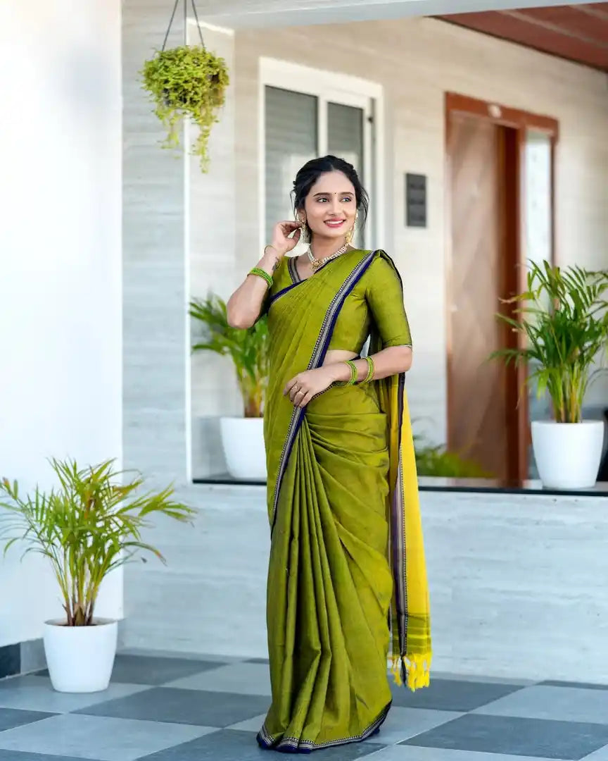 Mehandi Pure Cotton Premium & Elegant Saree With Running Blouse For Women