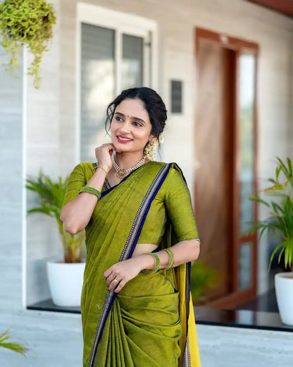 Mehandi Pure Cotton Premium & Elegant Saree With Running Blouse For Women