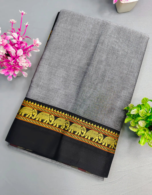 Grey Pure Cotton Premium & Elegant Saree With Running Blouse For Women