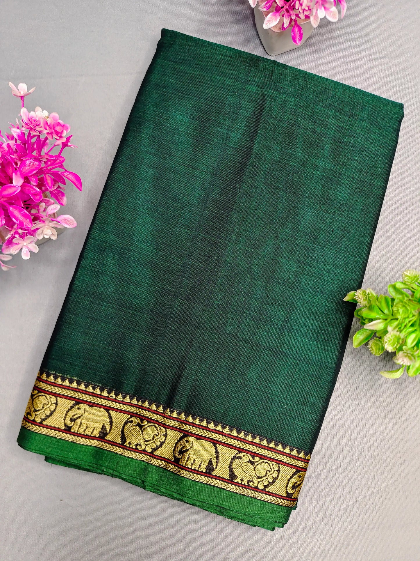 Bottle Green Pure Cotton Premium & Elegant Saree With Running Blouse For Women