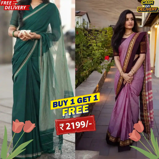 Buy 1 Get 1 Free | Pink + Green Narayanpet Cotton Sarees