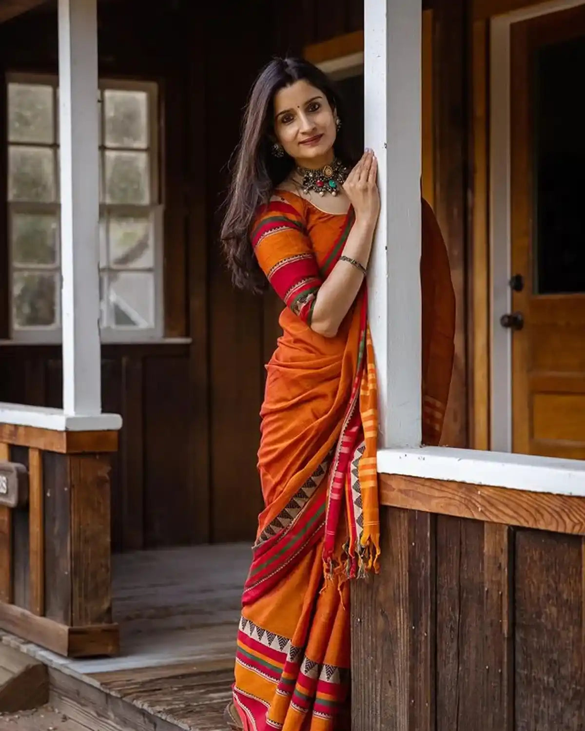 Orange Naraynpet Pure Cotton Saree
