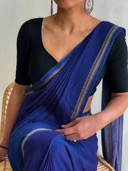 Royal Blue Grey Border Naraynpet Pure Cotton Saree