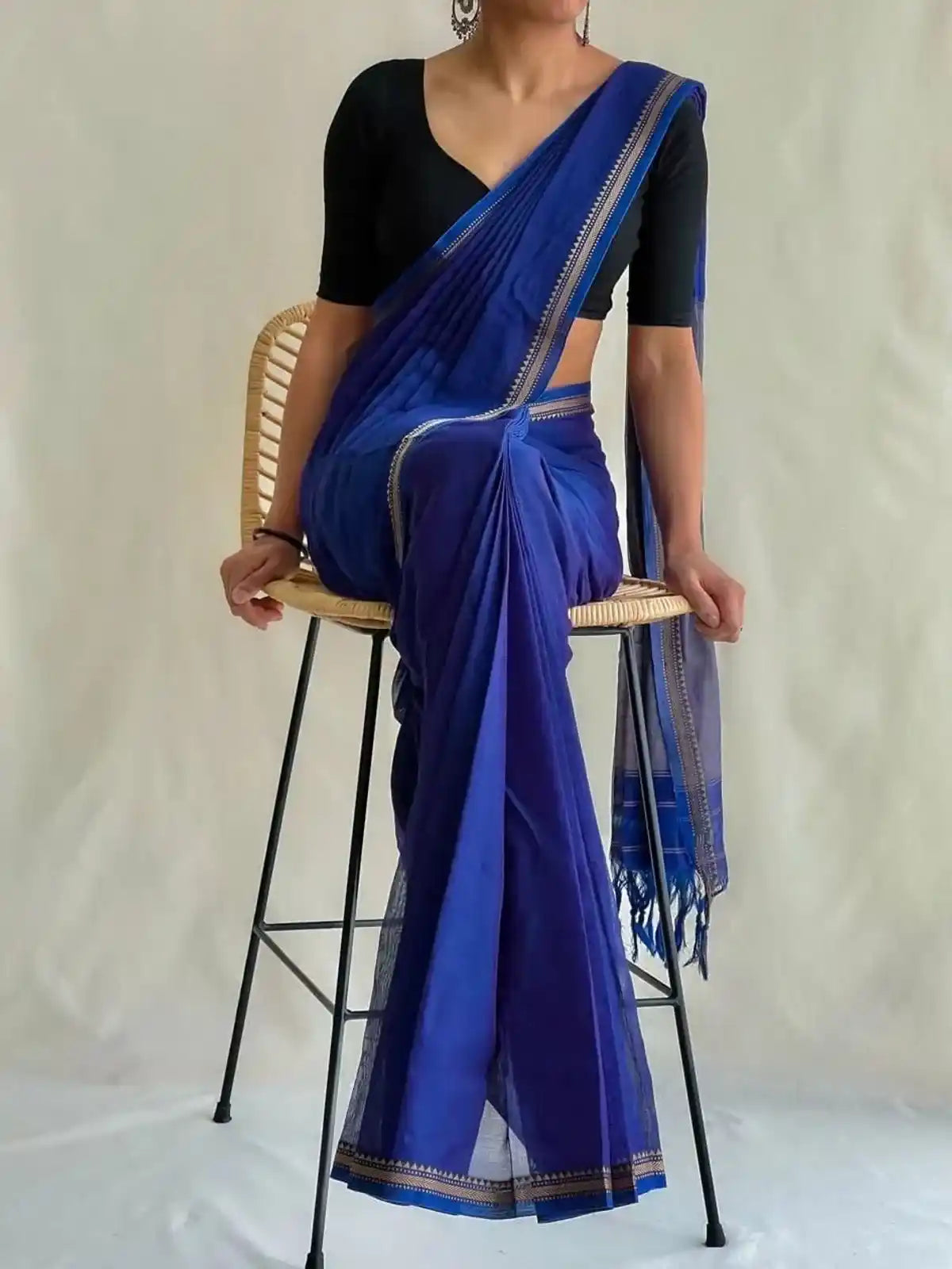 Royal Blue Grey Border Naraynpet Pure Cotton Saree