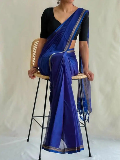 Royal Blue Grey Border Naraynpet Pure Cotton Saree