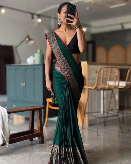 Bottle Green Big Border Narayanpet Pure Cotton Sarees
