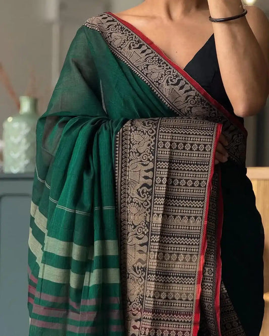 Bottle Green Big Border Narayanpet Pure Cotton Sarees